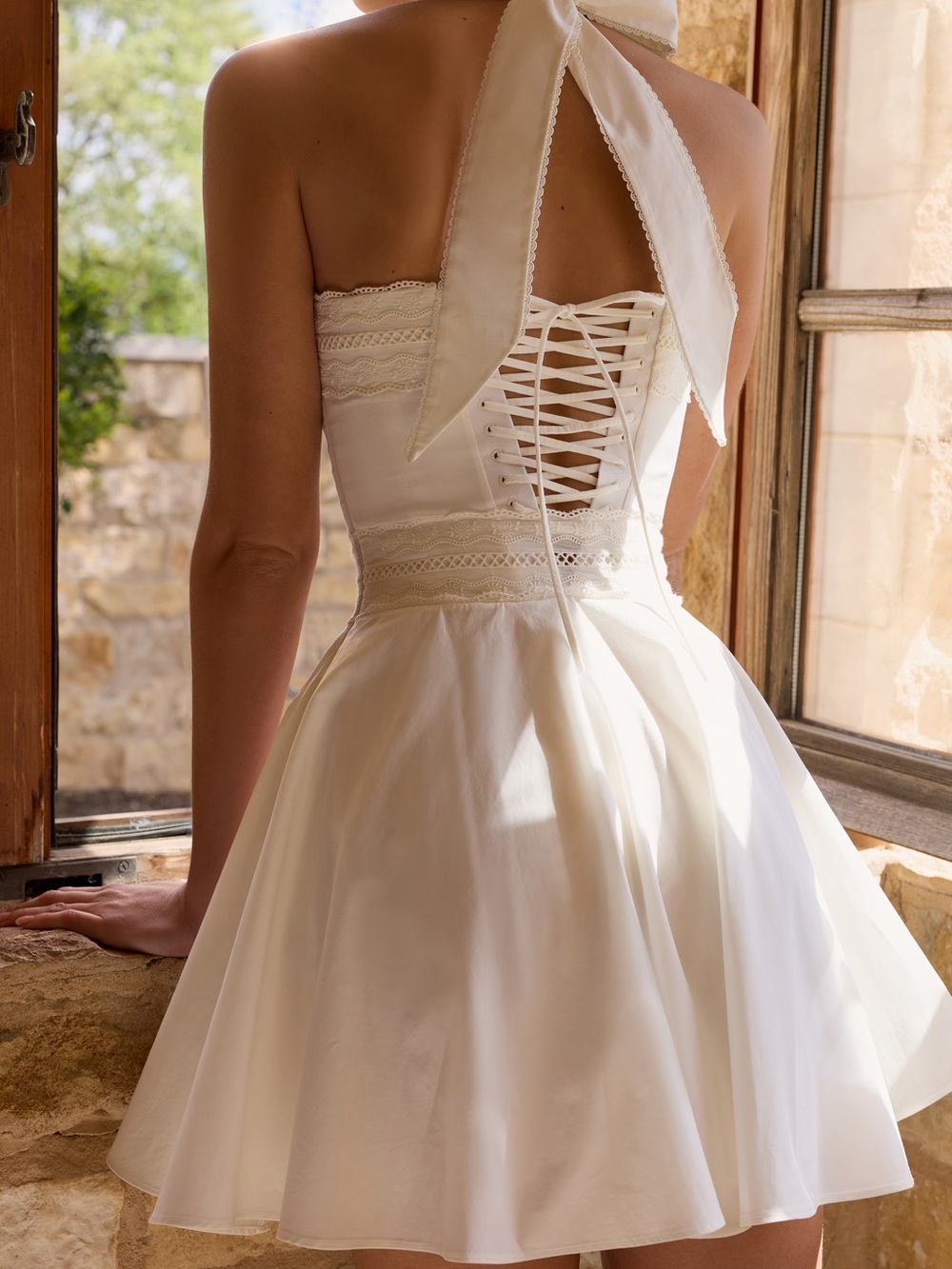 House of CB Cosette White Broderie Anglaise Cotton Halter Neck Mini Dress - Picture 3 of 6